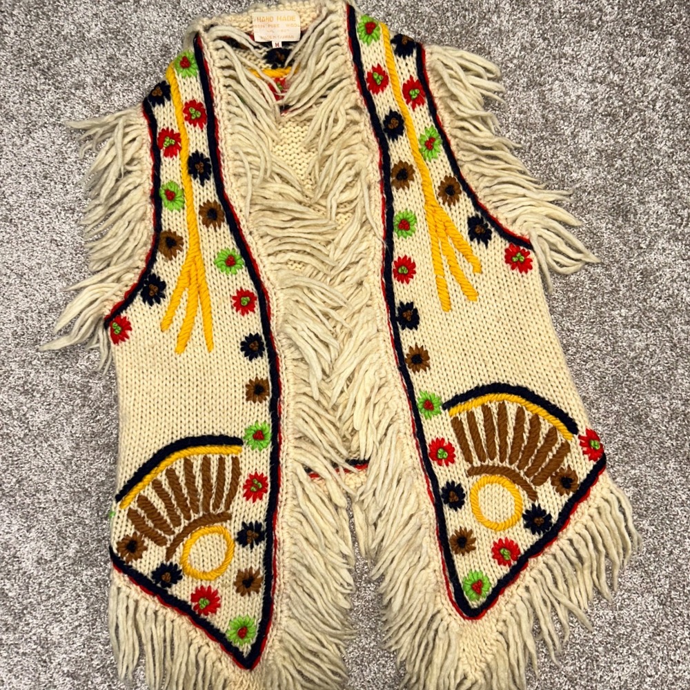 Vintage Hand Knit Fringe Wool Cardigan Vest 60s Boho Hippy‎ Flowers Women Medium